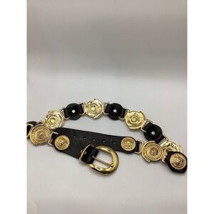 Milos Italy Vintage Black Leather Gold Medallion Coin Belt Medusa Style Small